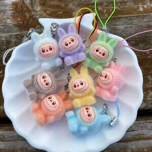 8 PCs Very Mini Handmade Fuzzy Labubu Pendant Keychain/Phone Charm-1.1" Bunny